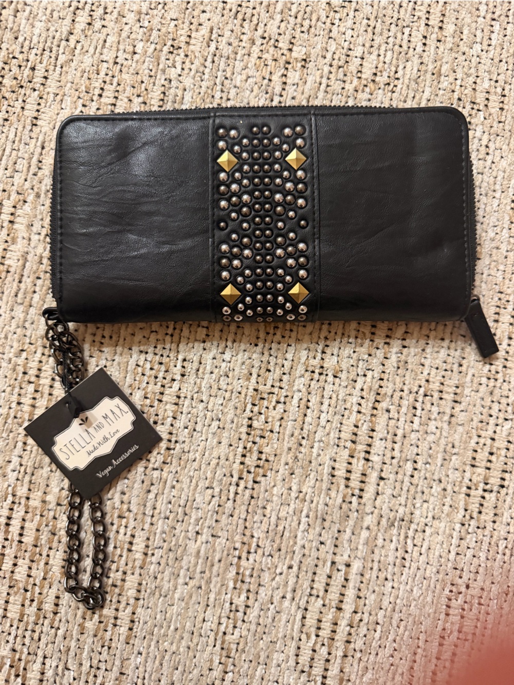 Stella & Max Black Studded Clutch Wallet with Chain Strap